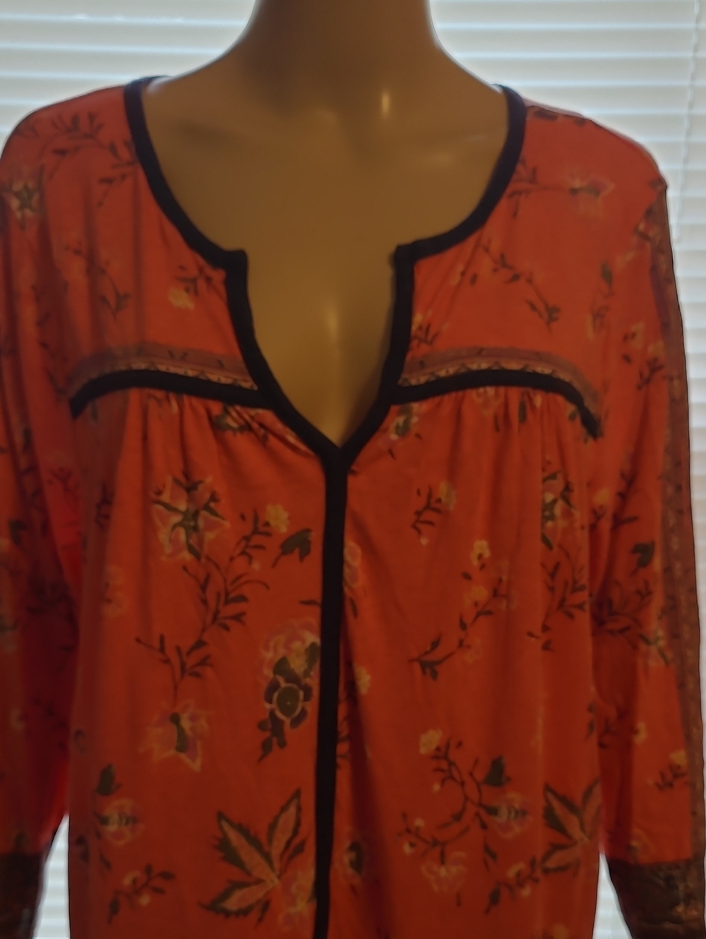 Lucky Brand Orange Floral Boho Tunic with Navy Trim. Size 2X. - Picture 2 of 7